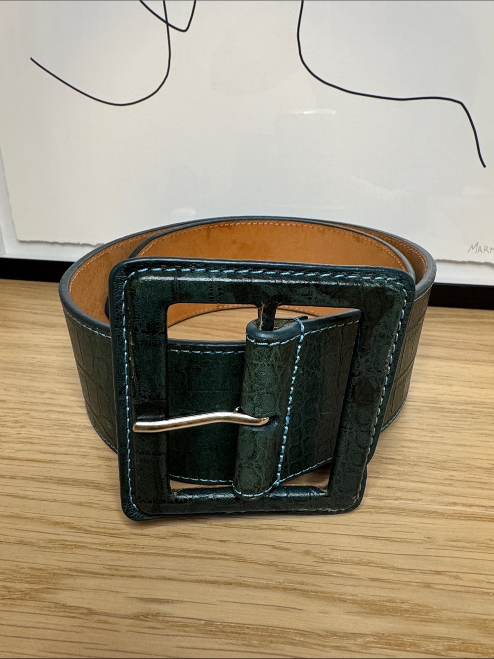 Croc-Embossed Deep Green Leather Belt with Square Buckle